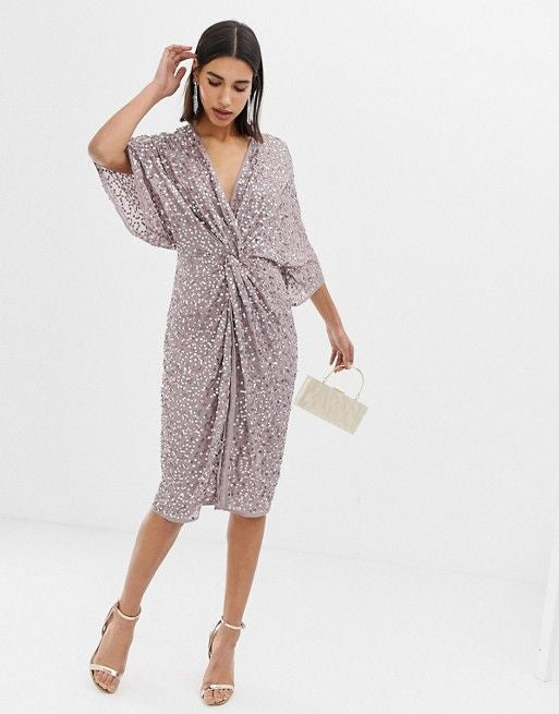 asos design scatter sequin knot front kimono maxi dress midi – Dodo's Finds Kimono midi dress Color:Black / Dark Gold long Dress iTVTi Girls Winter Princess