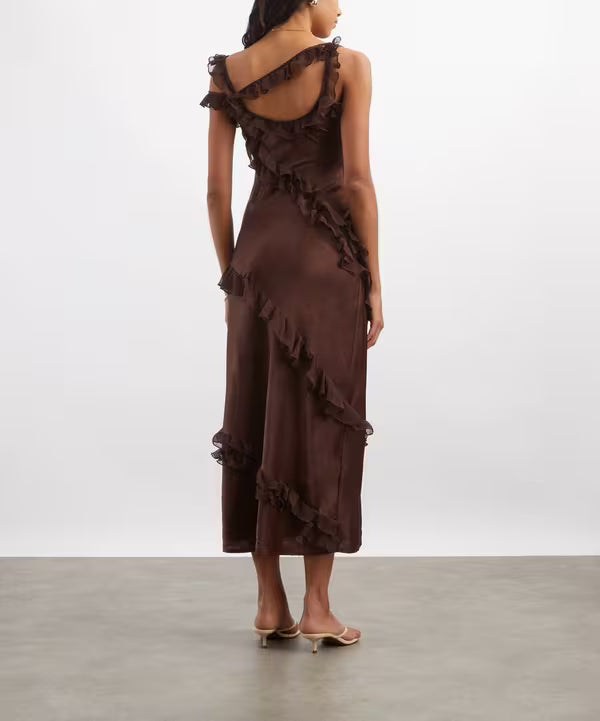 DAMSON MADDER Carmen Midi Ruffle Dress - Choc