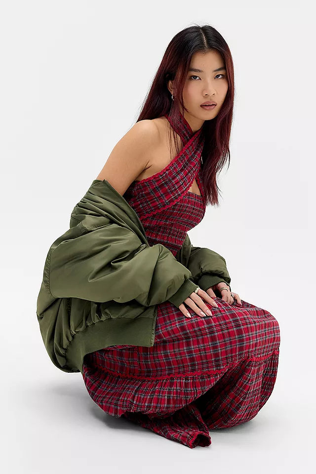 Damson Madder Red Mia Check Midi Dress UK 10