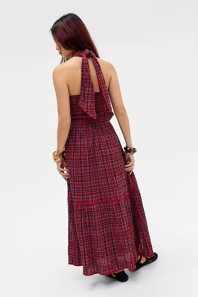 Damson Madder Red Mia Check Midi Dress UK 10