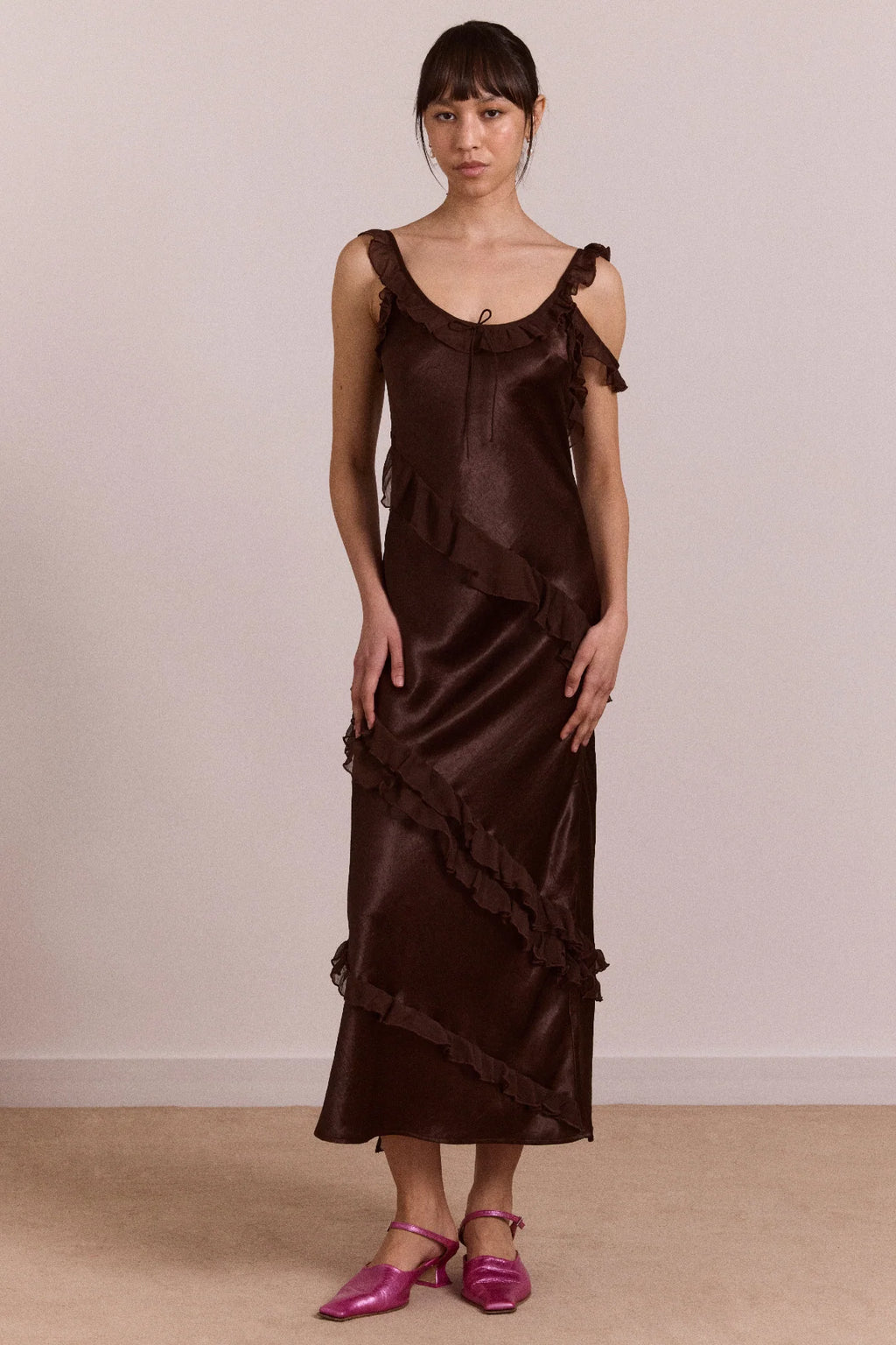 DAMSON MADDER Carmen Midi Ruffle Dress - Choc