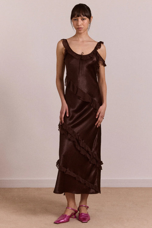 DAMSON MADDER Carmen Midi Ruffle Dress - Choc