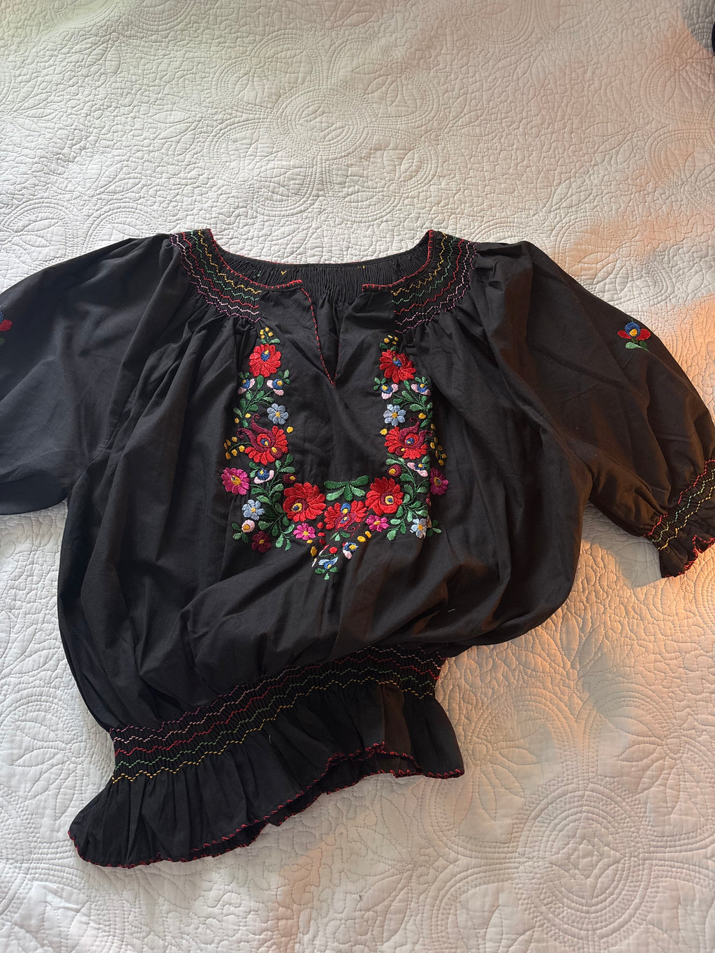 Black embroidered peasant top S-L
