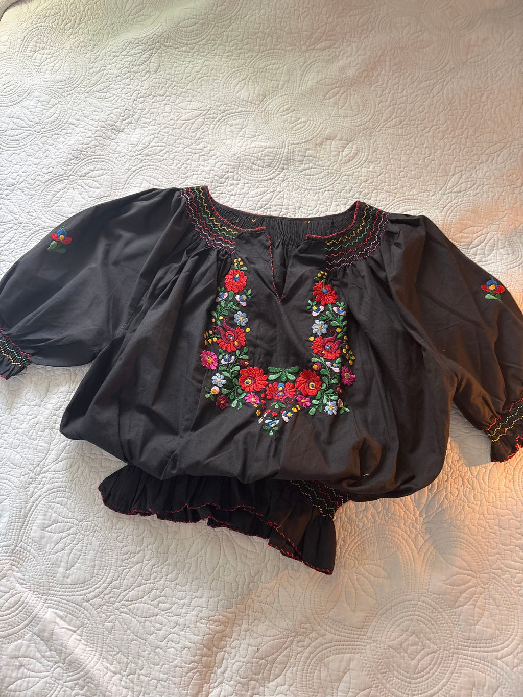 Black embroidered peasant top S-L