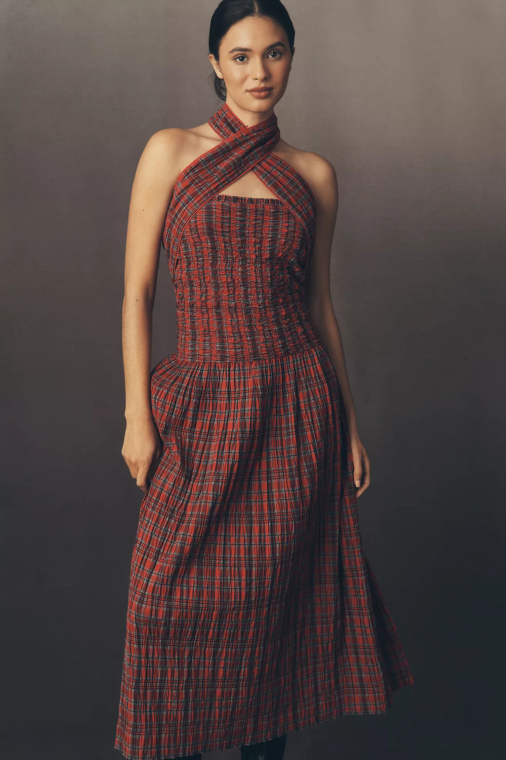 Damson Madder Red Mia Check Midi Dress UK 10