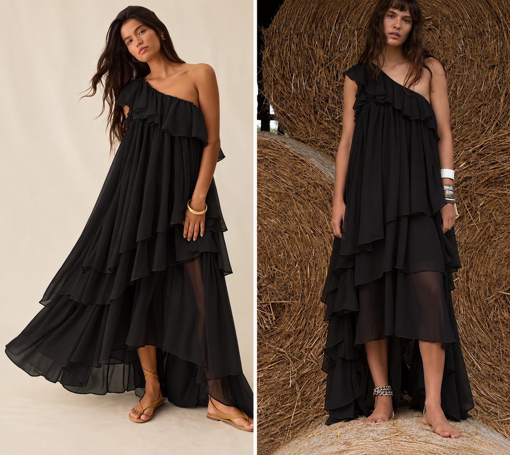 Muse Assembly Lina Asymmetric Tiered One-Shoulder Maxi Dress S
