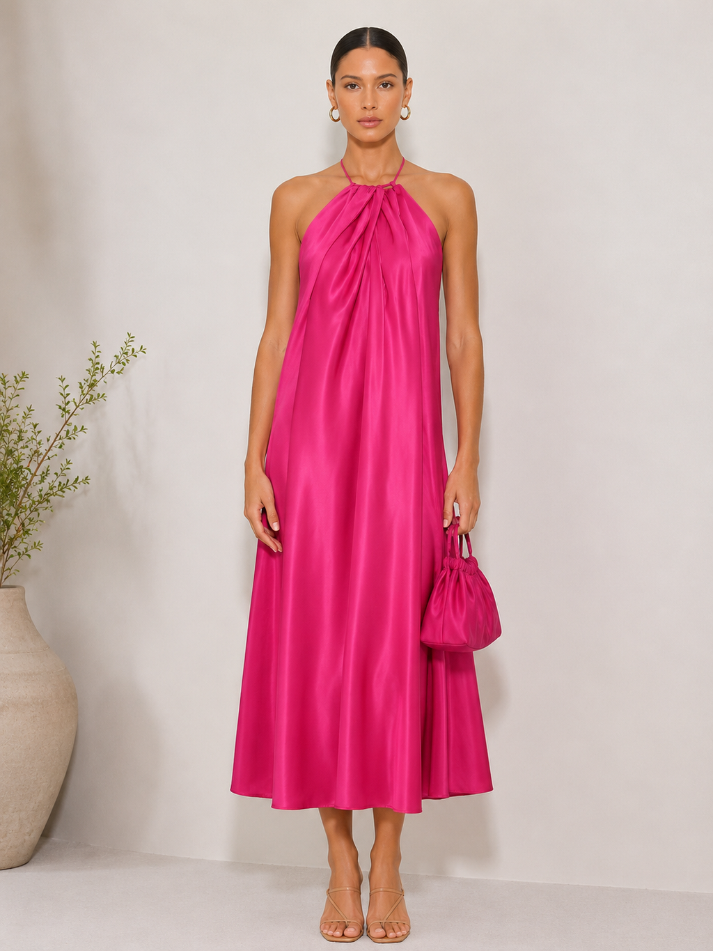 BEBE PINK SATIN HALTER DRESS