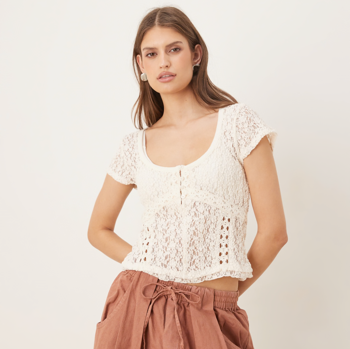 Free People short sleeve lace top in whisper white  XL