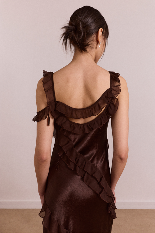 Damson Madder Carmen Ruffle Satin Midi Dress only