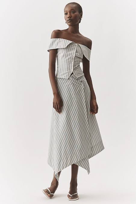 HAZEL STRIPE ASYMMETRIC MIDI SKIRT and top set