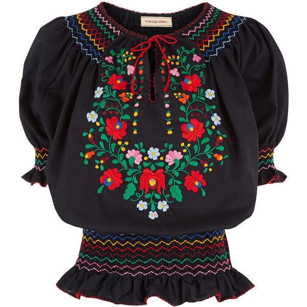 Black embroidered peasant top S-L