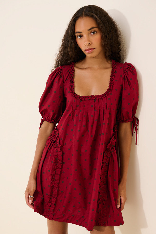 Damson Madder Meri Mini Dress wine dots