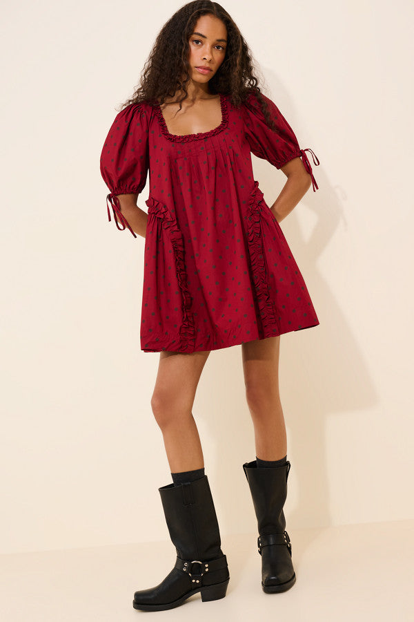 Damson Madder Meri Mini Dress wine dots