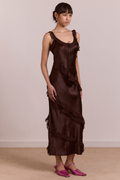 Damson Madder Carmen Ruffle Satin Midi Dress only