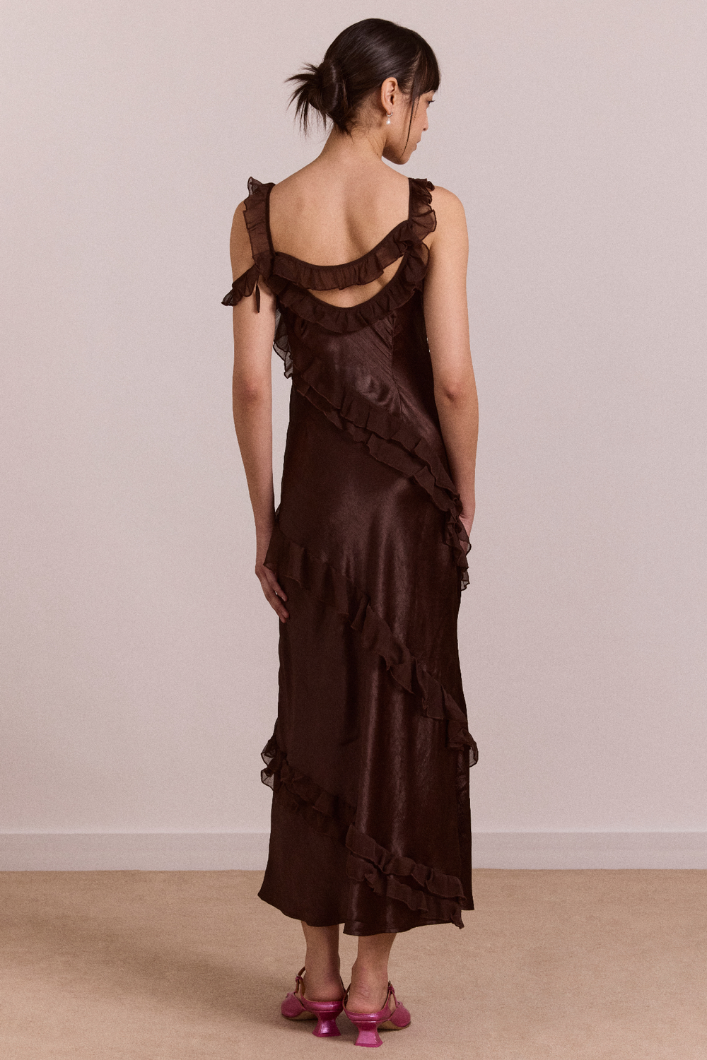 Damson Madder Carmen Ruffle Satin Midi Dress only