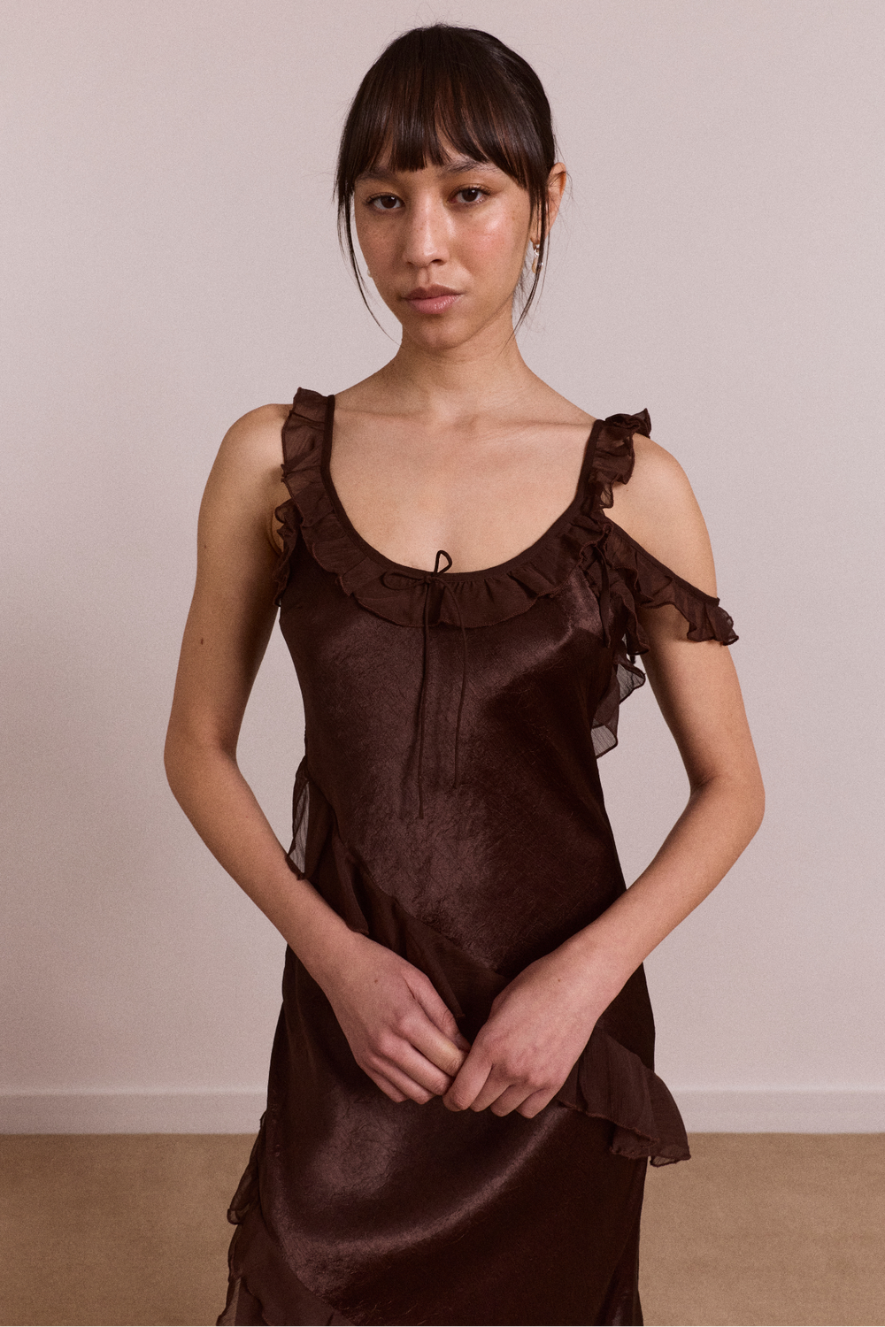 Damson Madder Carmen Ruffle Satin Midi Dress only