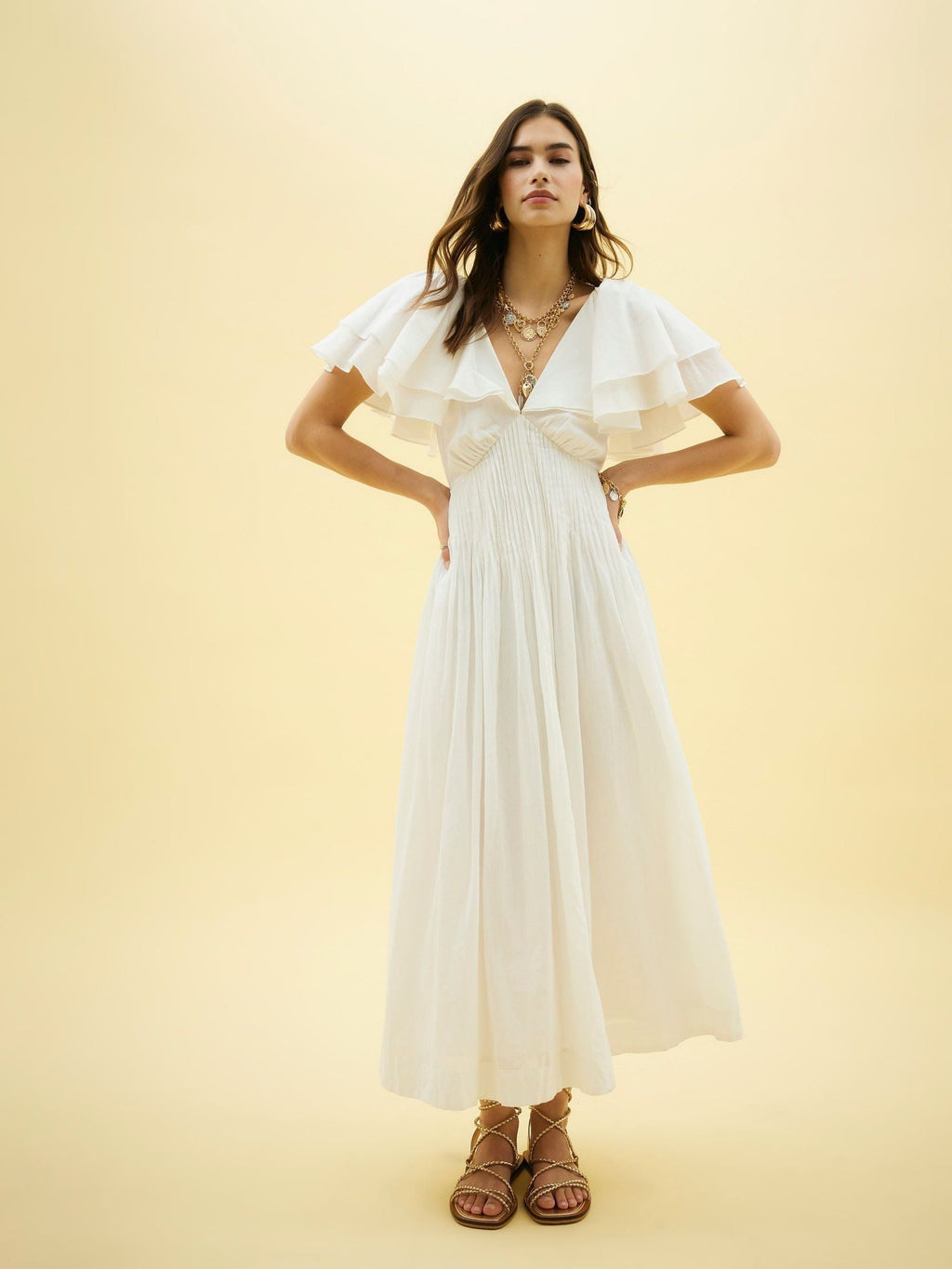 River Island White Flutter Sleeve Shirred Midi Dress UK 16