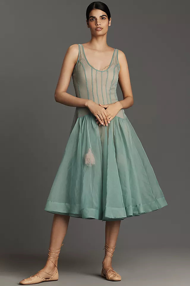 LET ME BE  Seamed Sleeveless Basque-Waist Floral Dress S