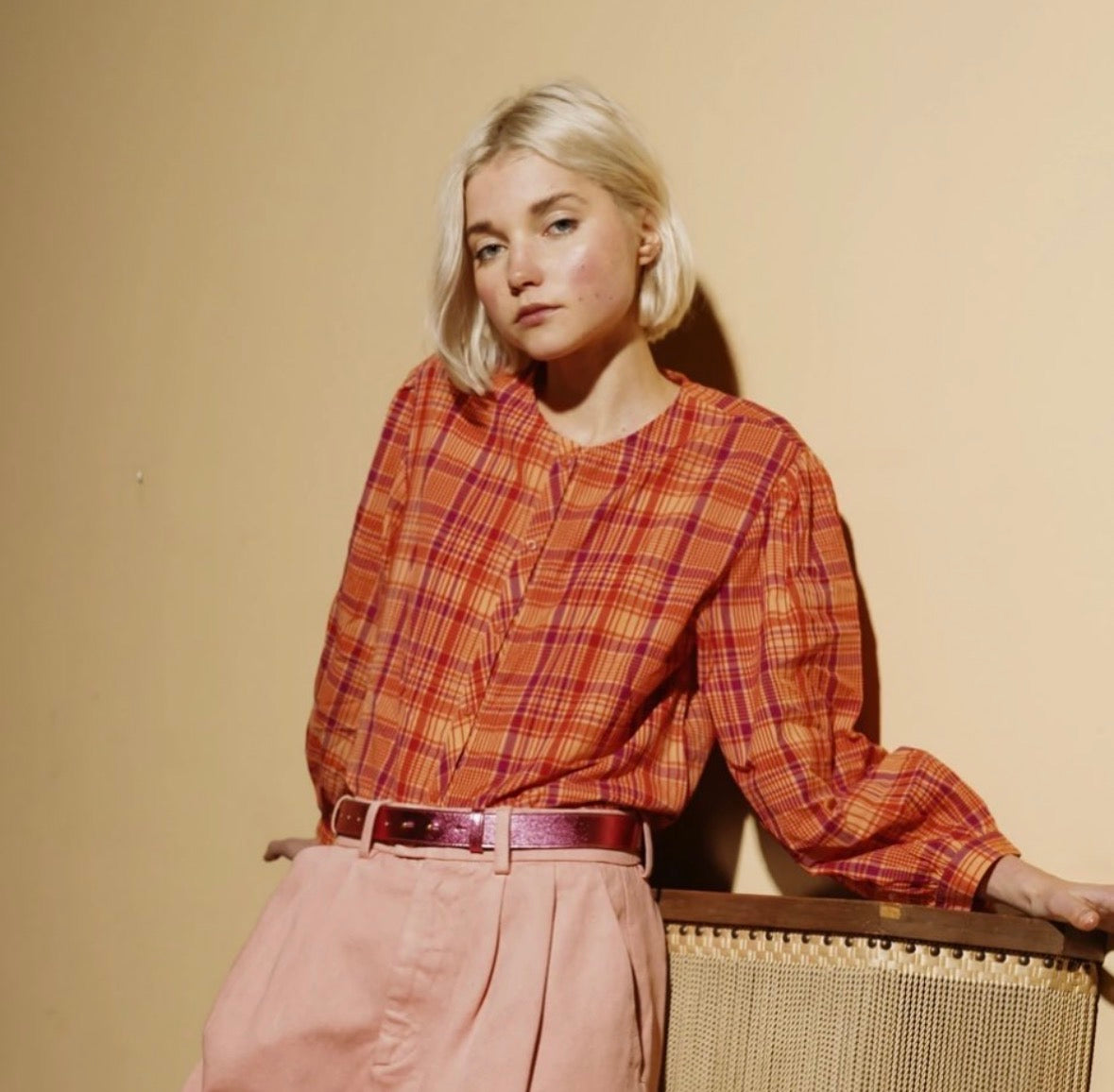 THE TINY BIG SISTER ORANGE PLAID COTTON TOP