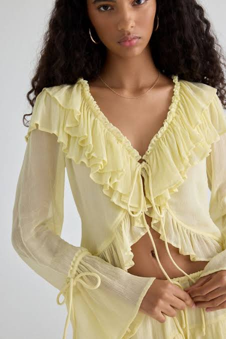 Muse Assembly Ivy Cascading Ruffle Tie-Front Flyaway Blouse S
