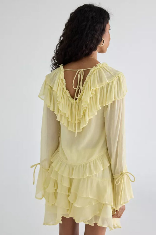 Muse Assembly Ivy Cascading Ruffle Tie-Front Flyaway Blouse S