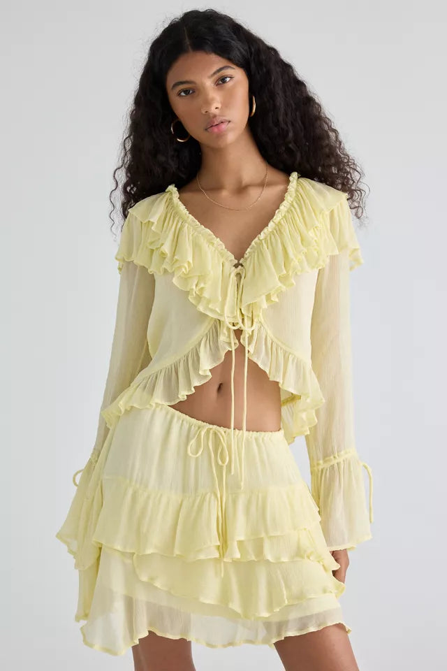 Muse Assembly Ivy Cascading Ruffle Tie-Front Flyaway Blouse S