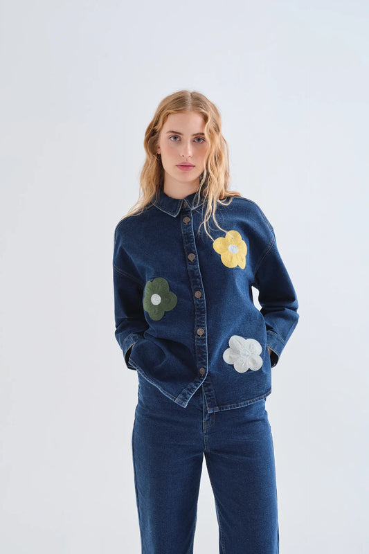 COMPANIA FANTASTICA Blue denim shirt with Euphonia print
