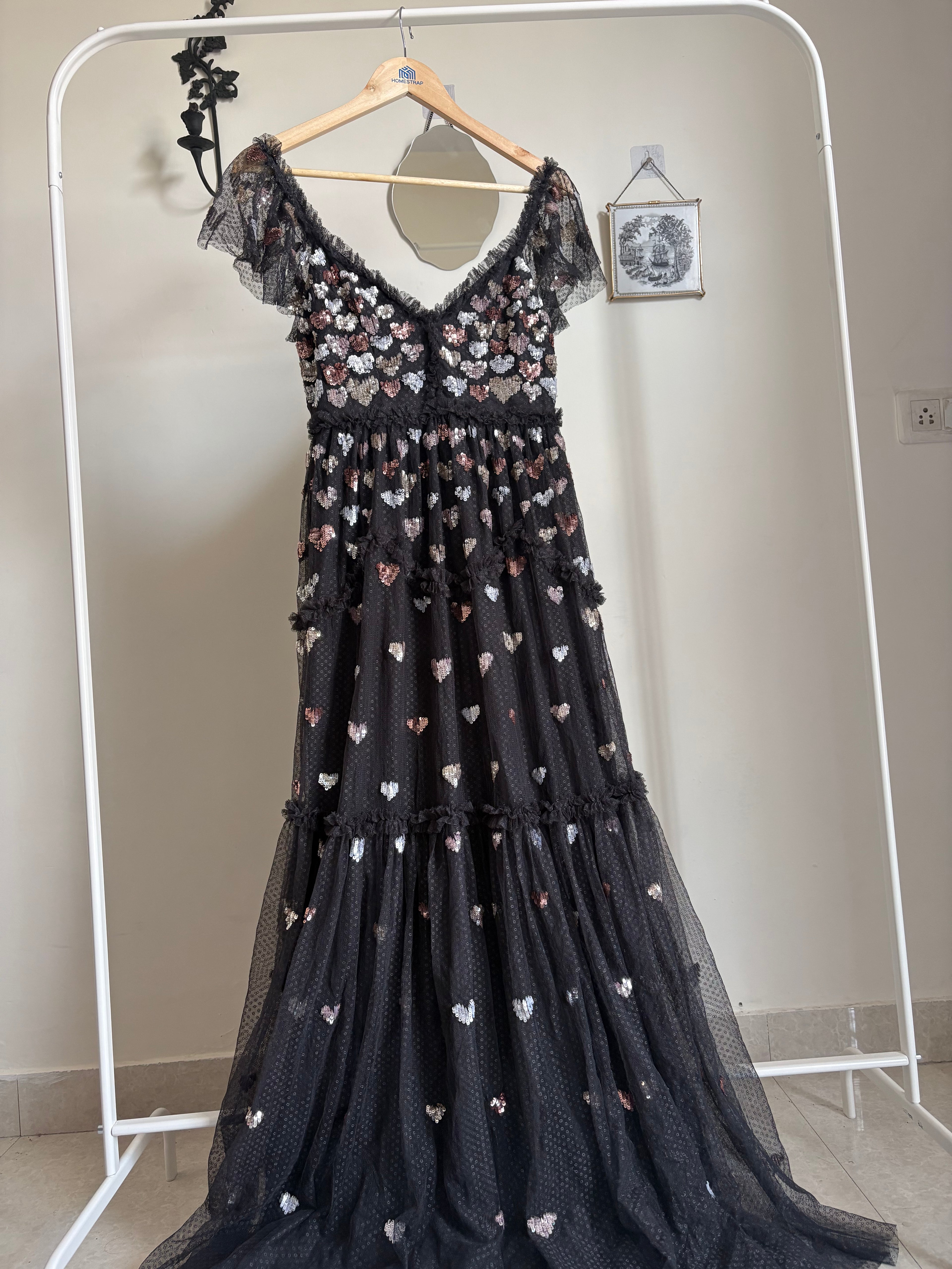 Needle & Thread – Love Heart – Black Maxi Dress with All-Over Heart Embellishment UK10