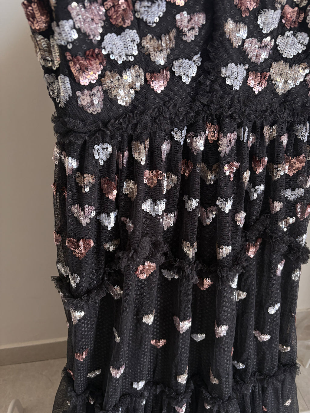 Needle & Thread – Love Heart – Black Maxi Dress with All-Over Heart Embellishment UK10