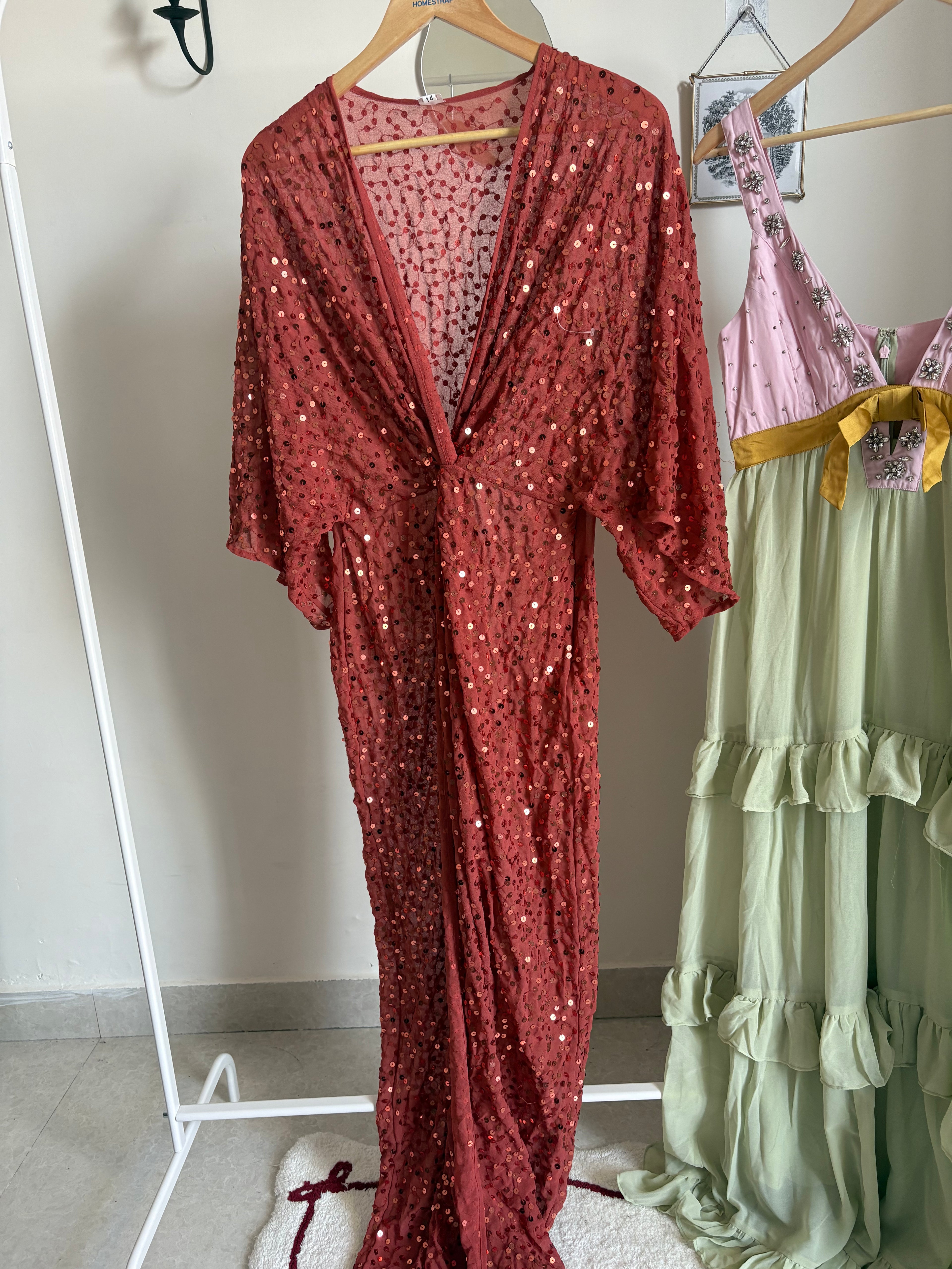 Scatter Sequin Knot Front Kimono Maxi Dress S