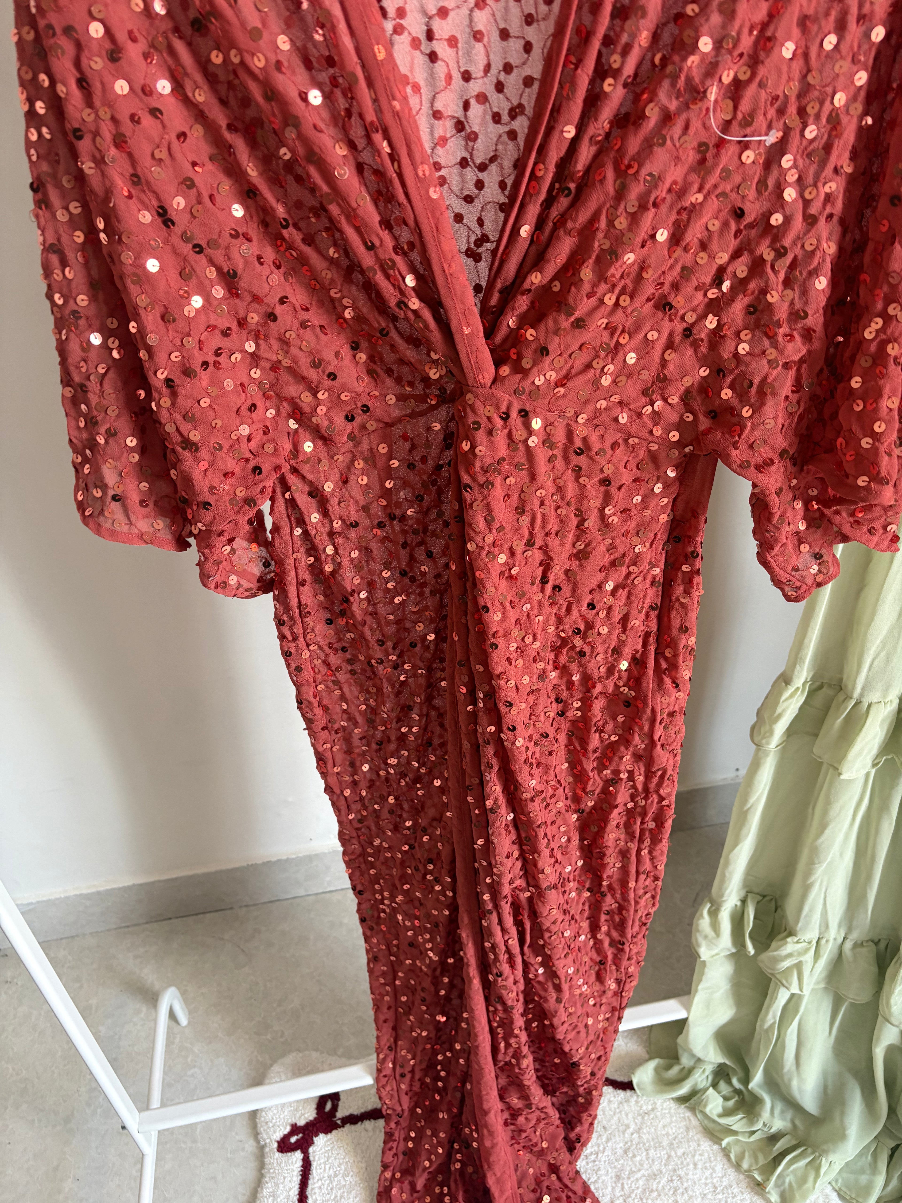 Scatter Sequin Knot Front Kimono Maxi Dress S