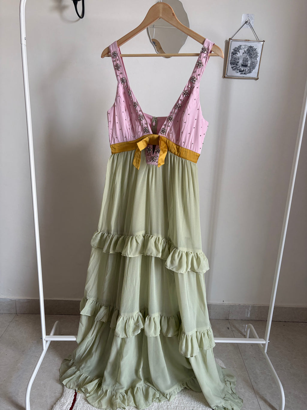 Embellished Deep-V Tiered Ruffle Maxi Dress S