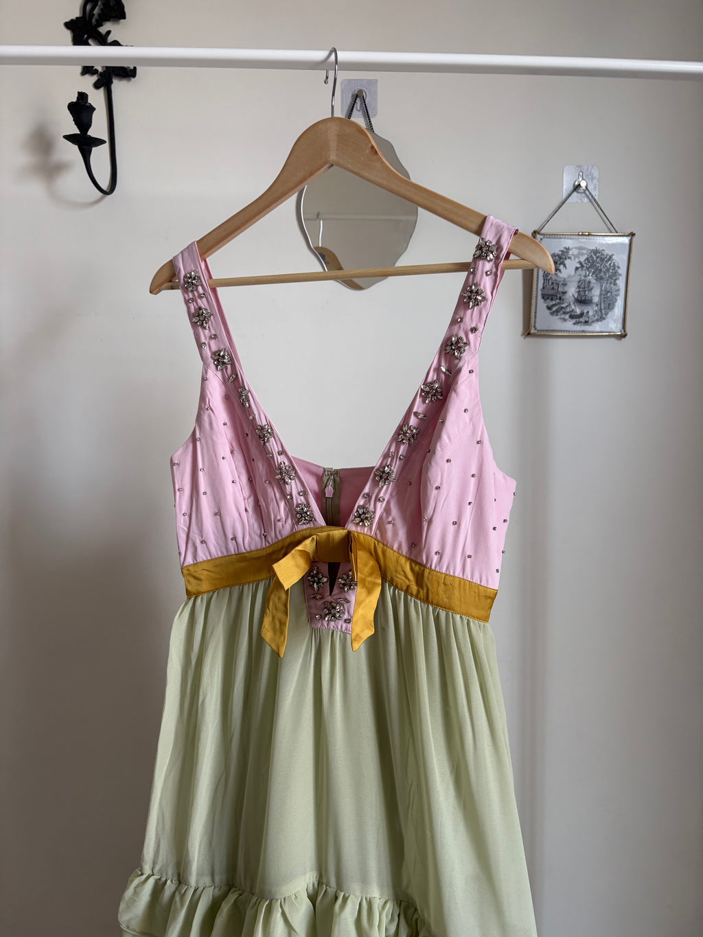 Embellished Deep-V Tiered Ruffle Maxi Dress S