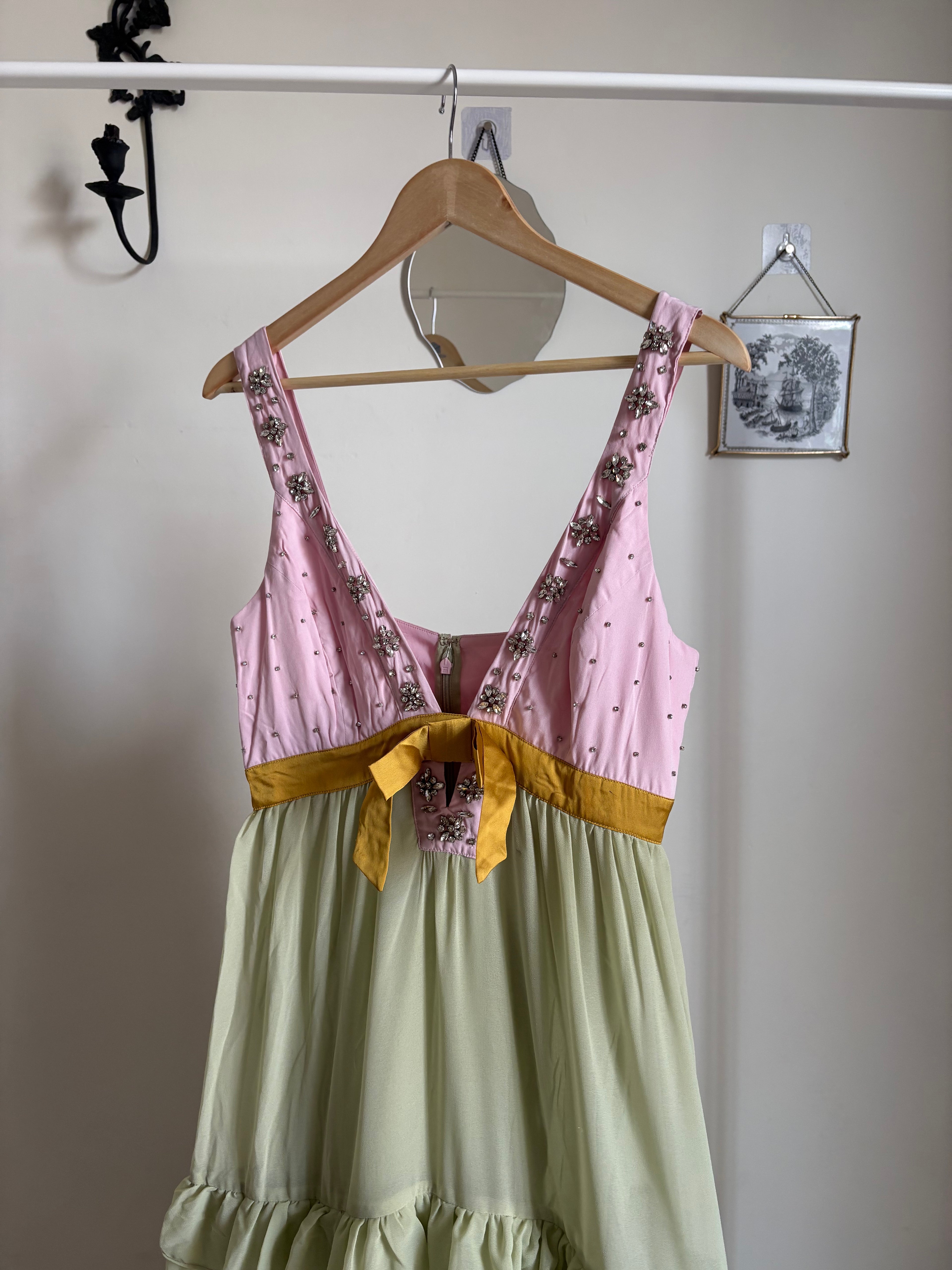 Embellished Deep-V Tiered Ruffle Maxi Dress S