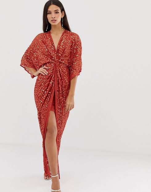 Scatter Sequin Knot Front Kimono Maxi Dress S