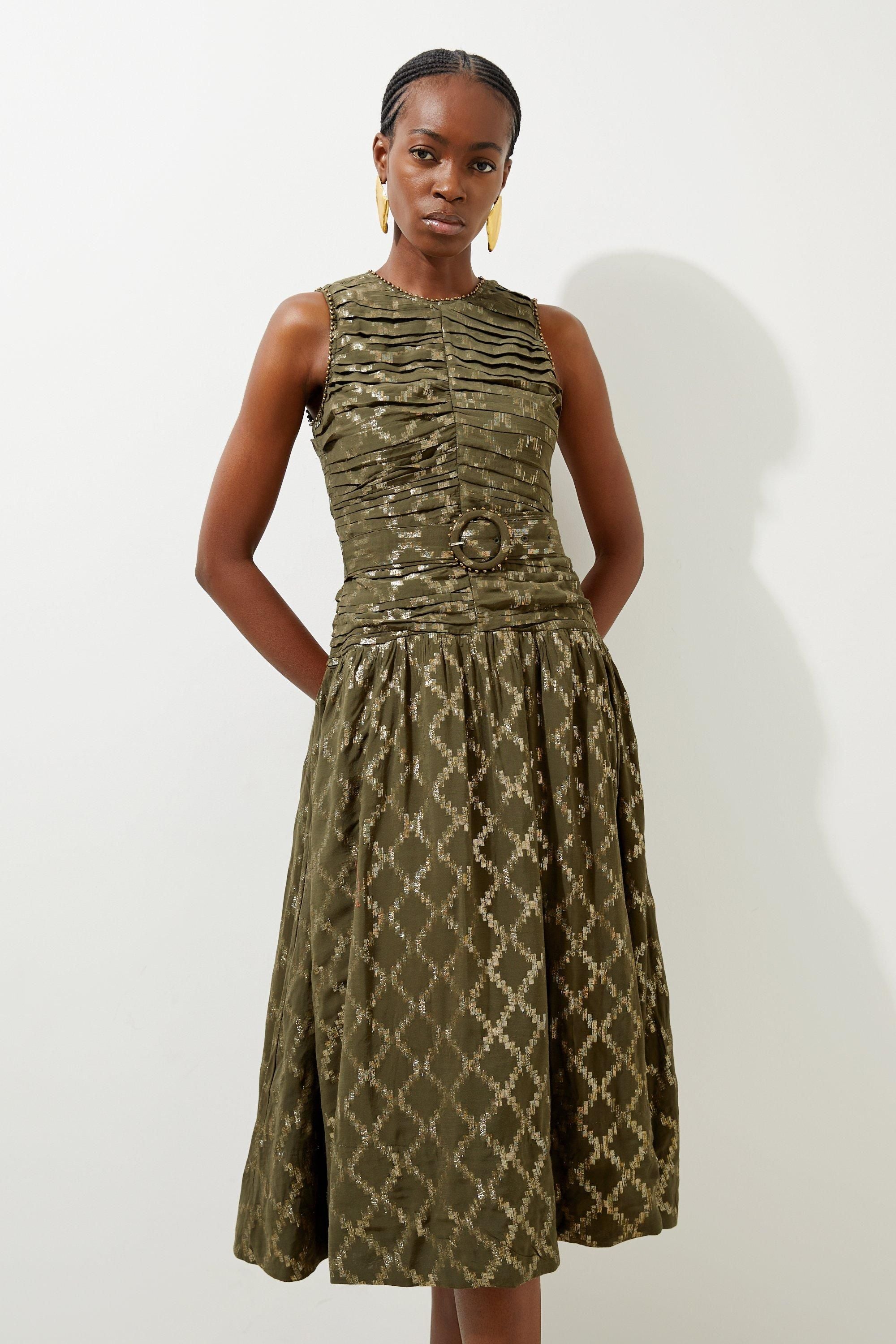 KarenMillen Petite Metallic Viscose Georgette Beaded Woven Midi Dress UK12