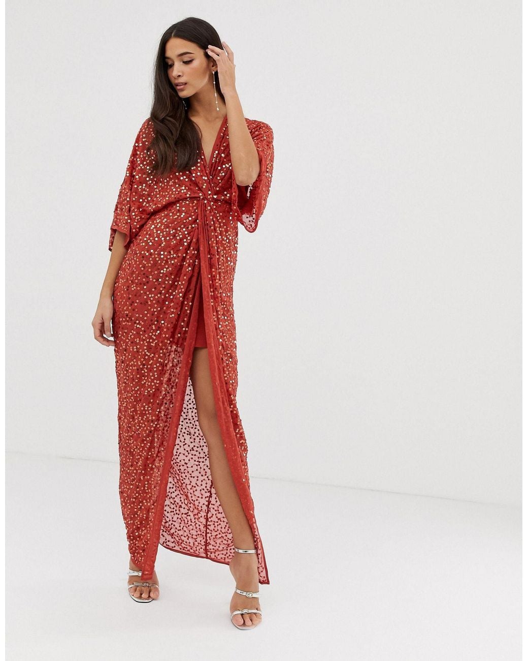 Scatter Sequin Knot Front Kimono Maxi Dress S