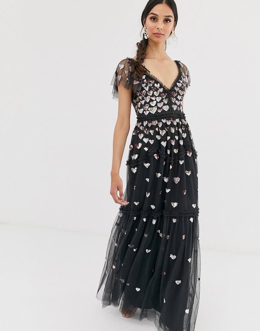 Needle & Thread – Love Heart – Black Maxi Dress with All-Over Heart Embellishment UK10