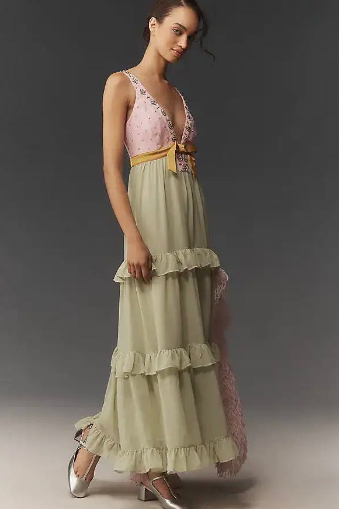 Embellished Deep-V Tiered Ruffle Maxi Dress S