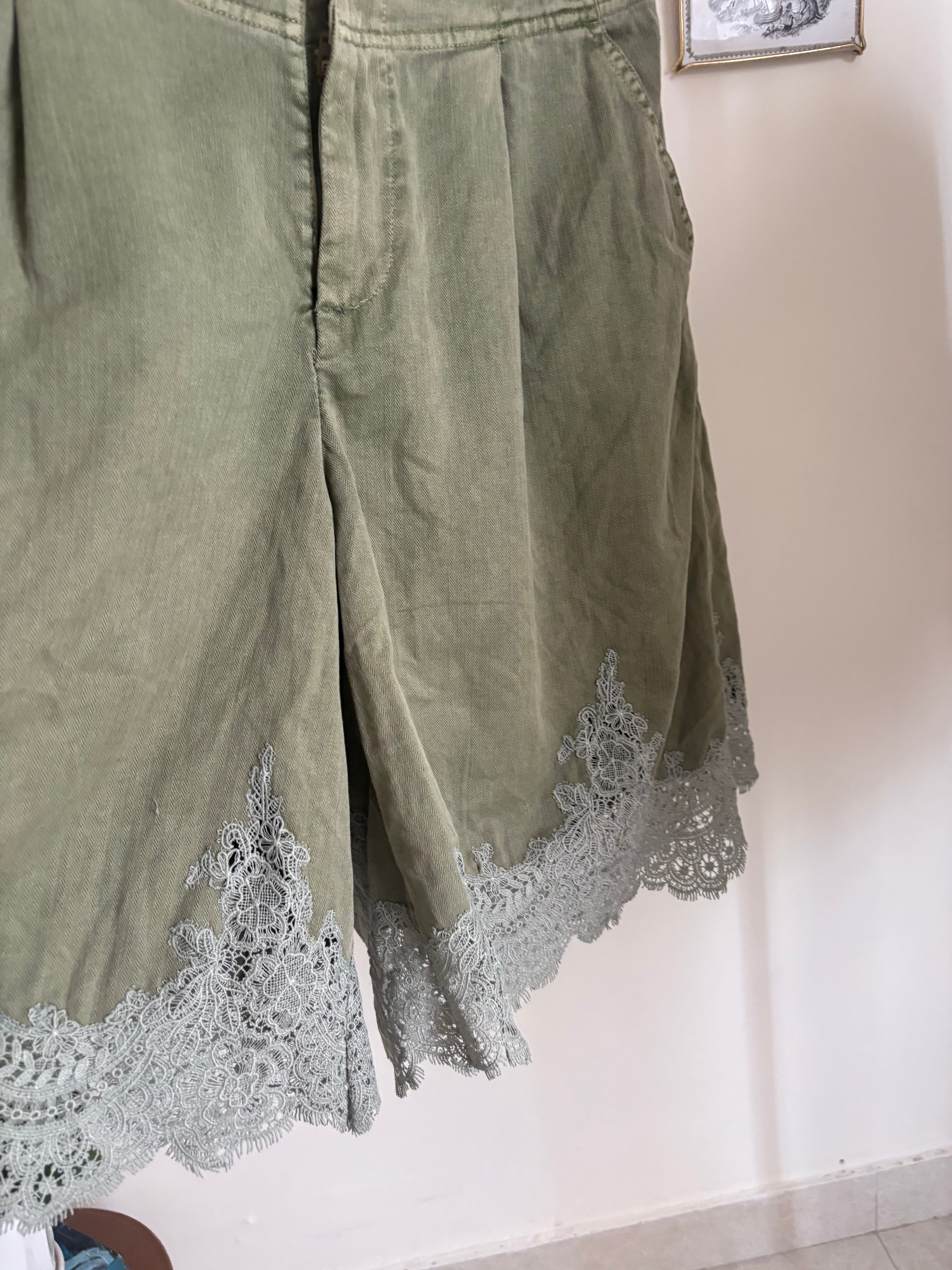 Anthropologie Pleated Lace-Hem Knee-Length Shorts