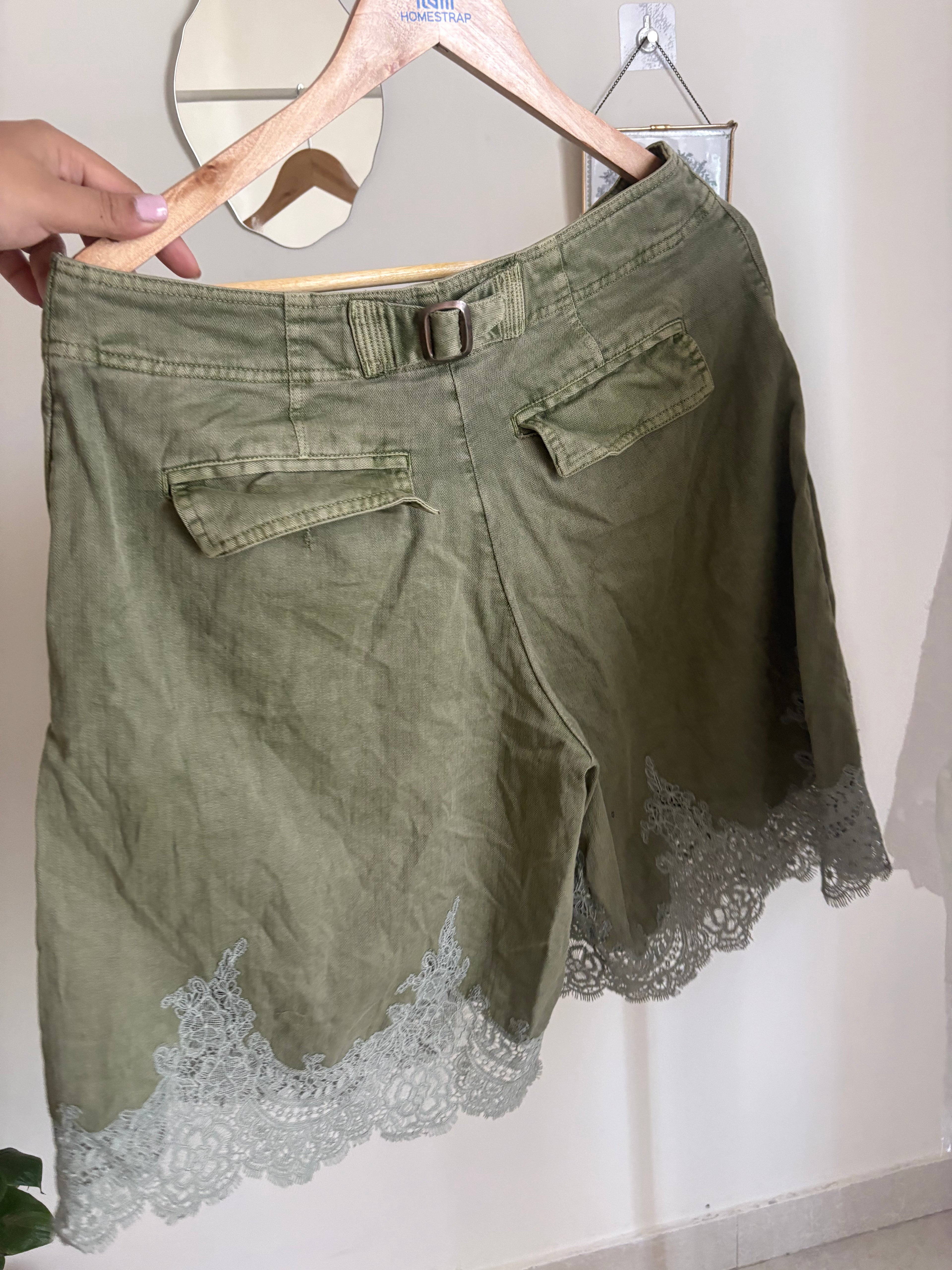 Anthropologie Pleated Lace-Hem Knee-Length Shorts
