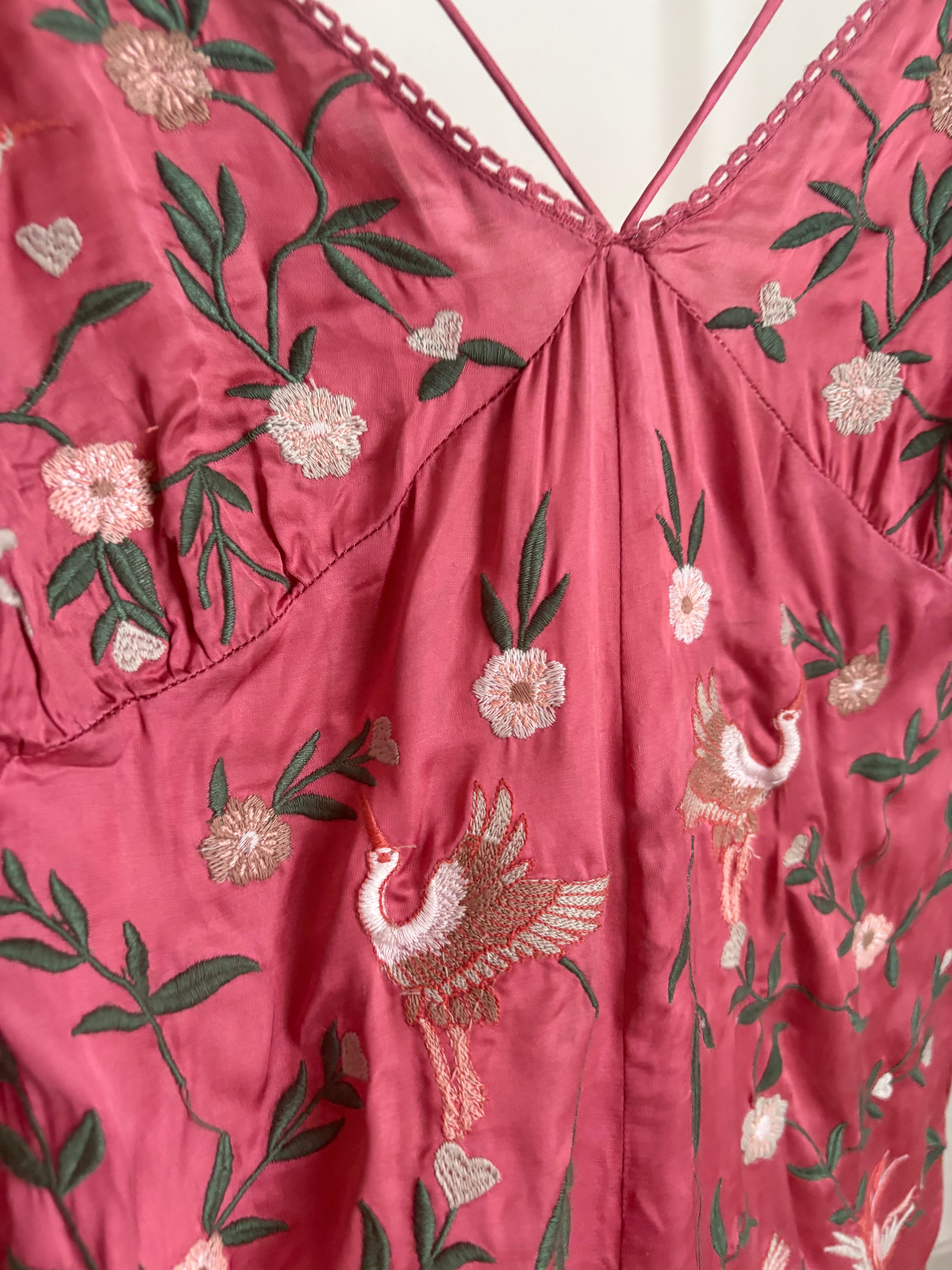 BERSHKA Pink satin jumpsuit with colorful embroidery XS