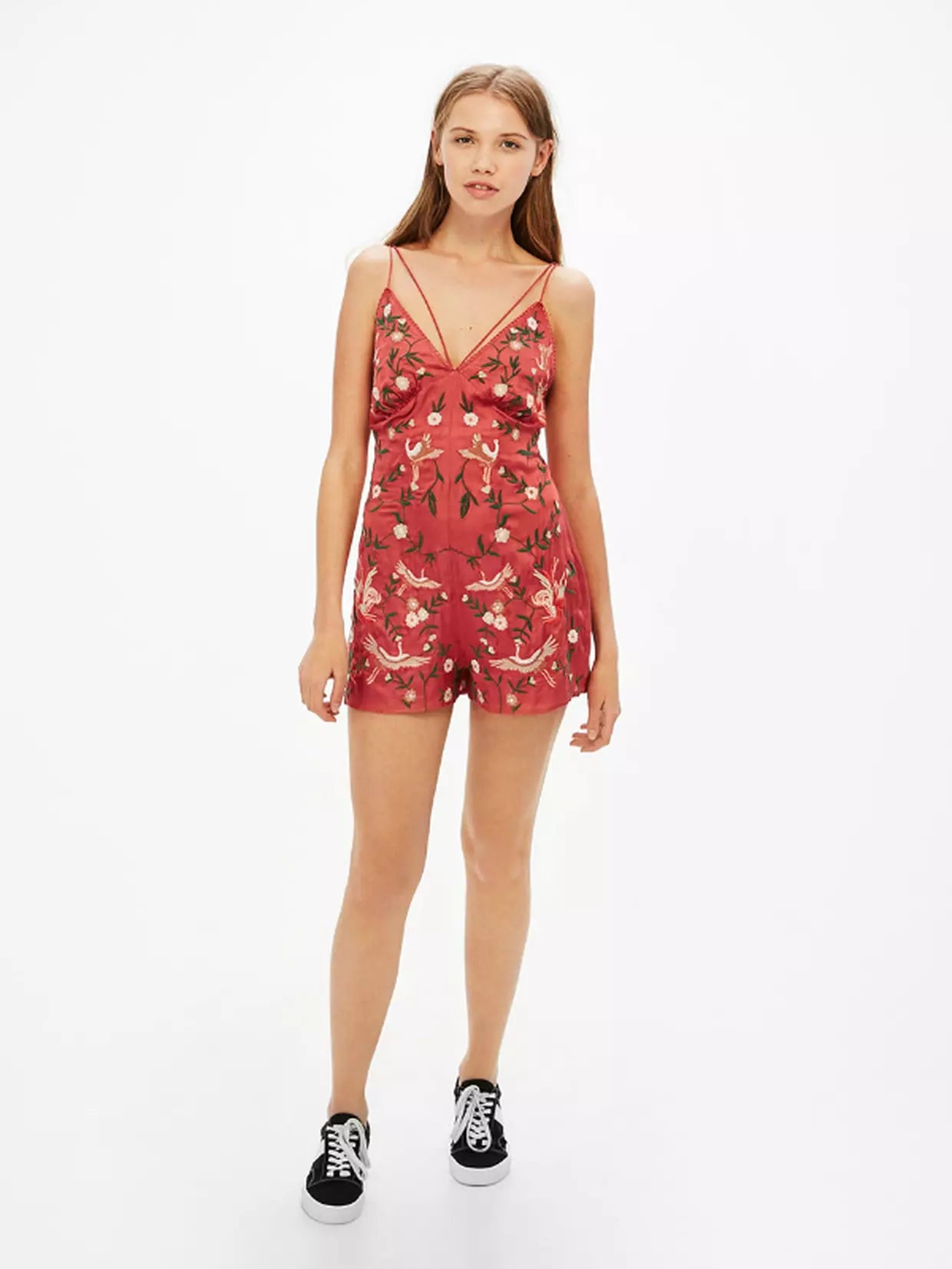 BERSHKA Pink satin jumpsuit with colorful embroidery XS