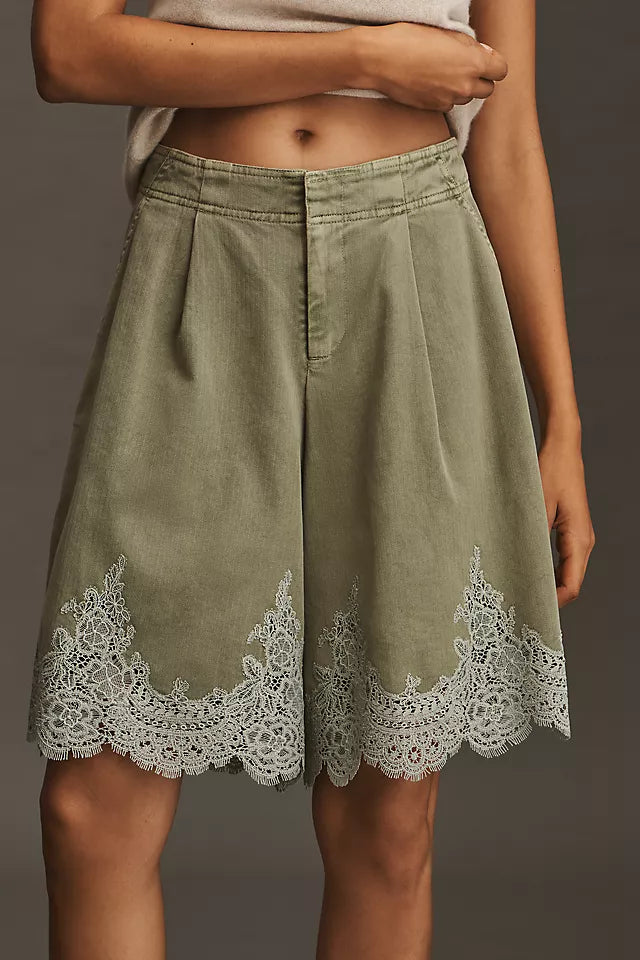 Anthropologie Pleated Lace-Hem Knee-Length Shorts