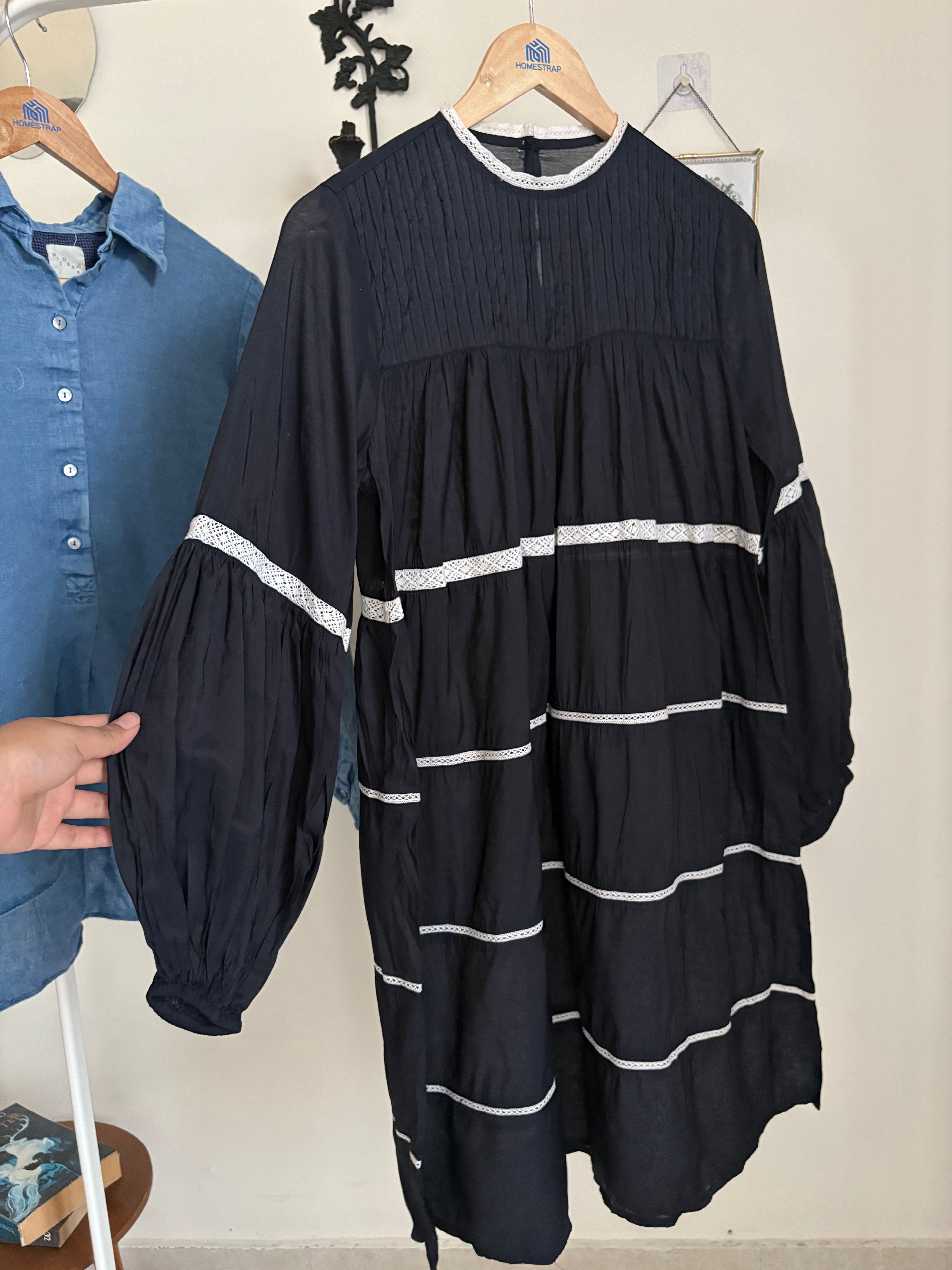 BLACK COTTON SILK TIERED DRESS XS-S
