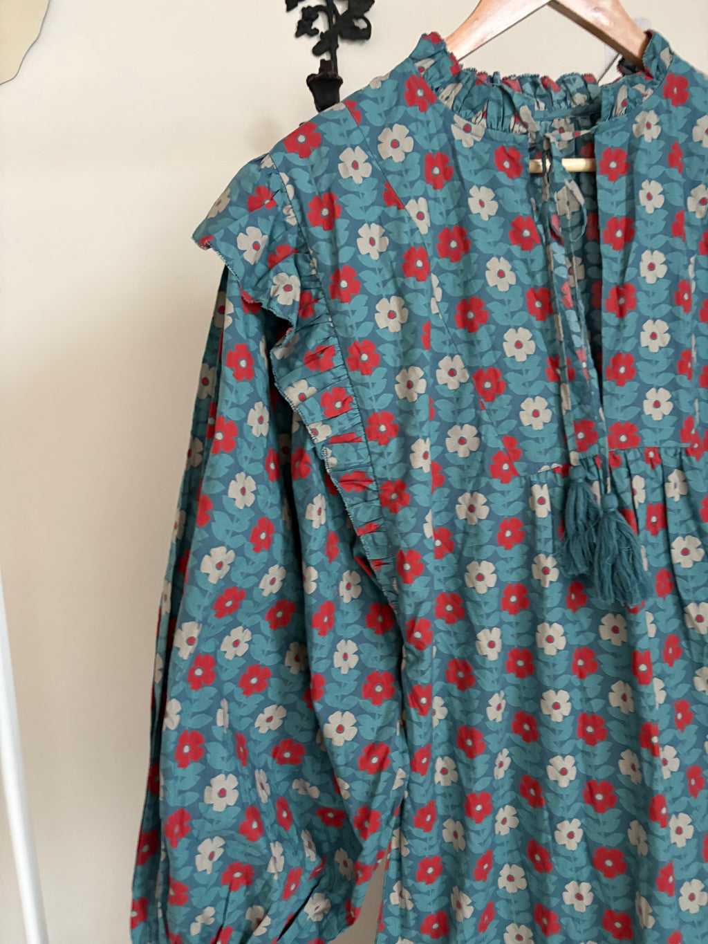 BLUE FLORAL PRINT PUFF SLEEVE DRESS M