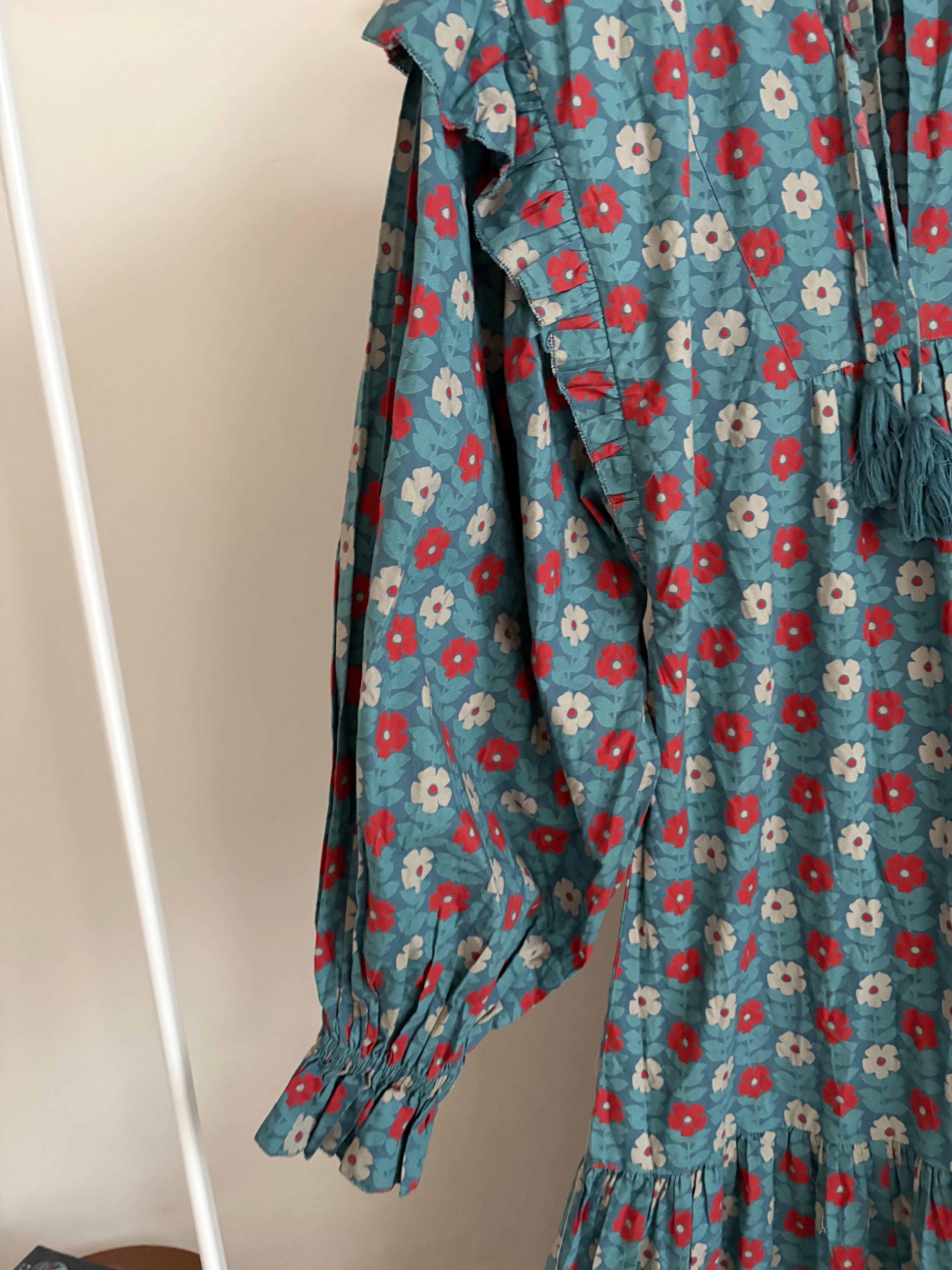 BLUE FLORAL PRINT PUFF SLEEVE DRESS M