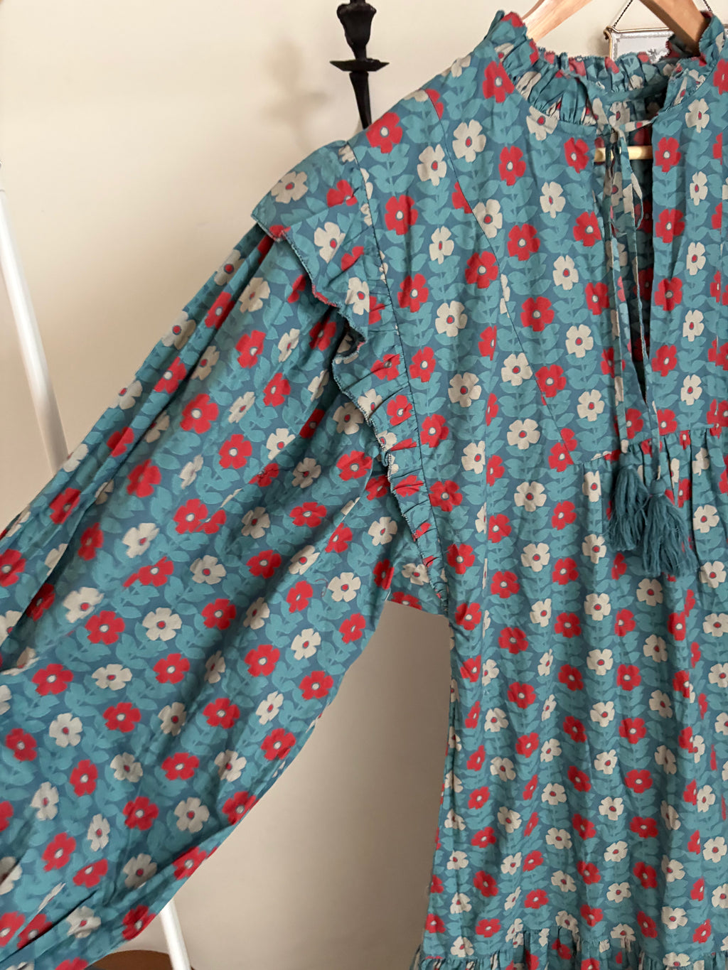 BLUE FLORAL PRINT PUFF SLEEVE DRESS M