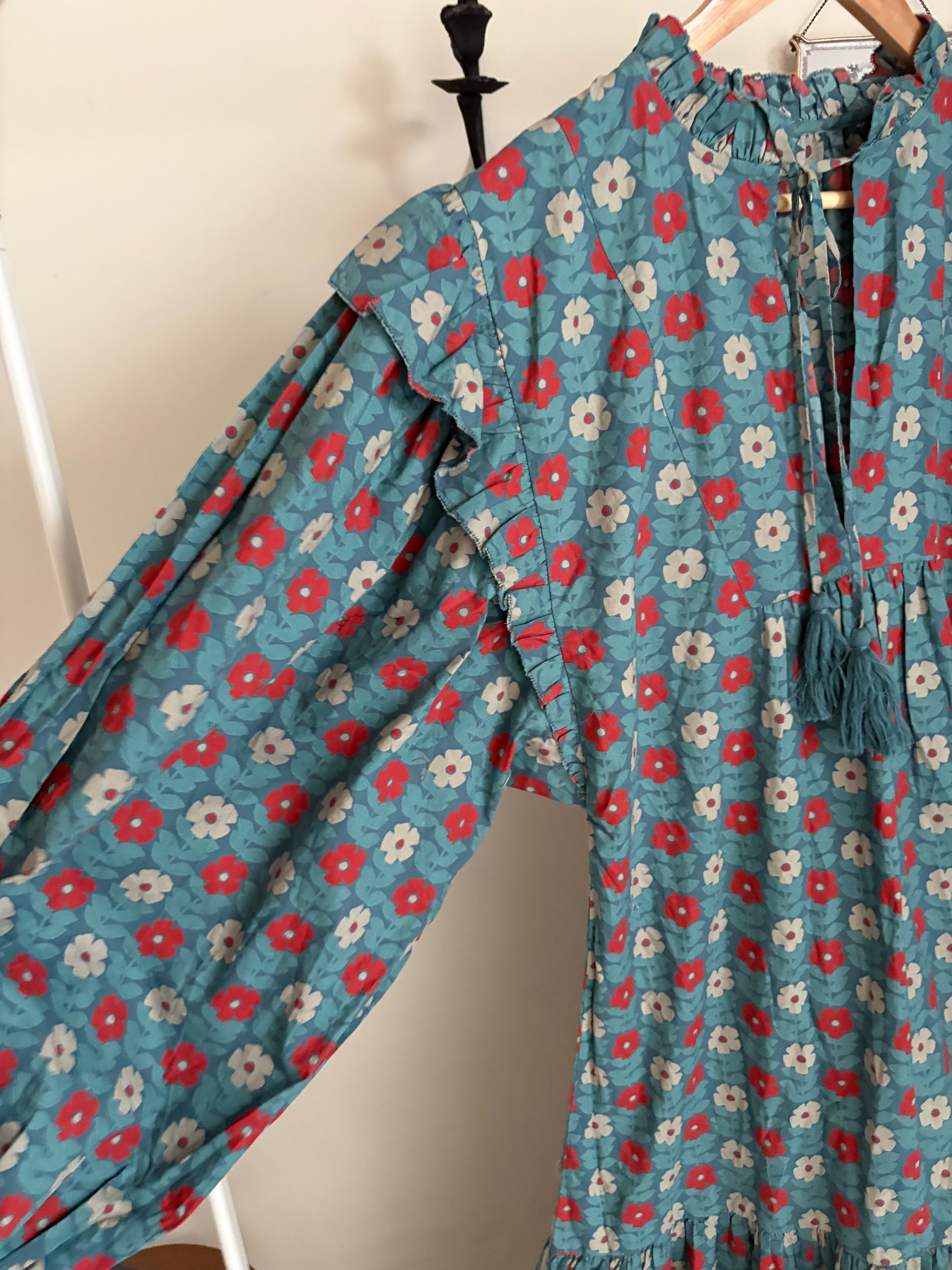 BLUE FLORAL PRINT PUFF SLEEVE DRESS M
