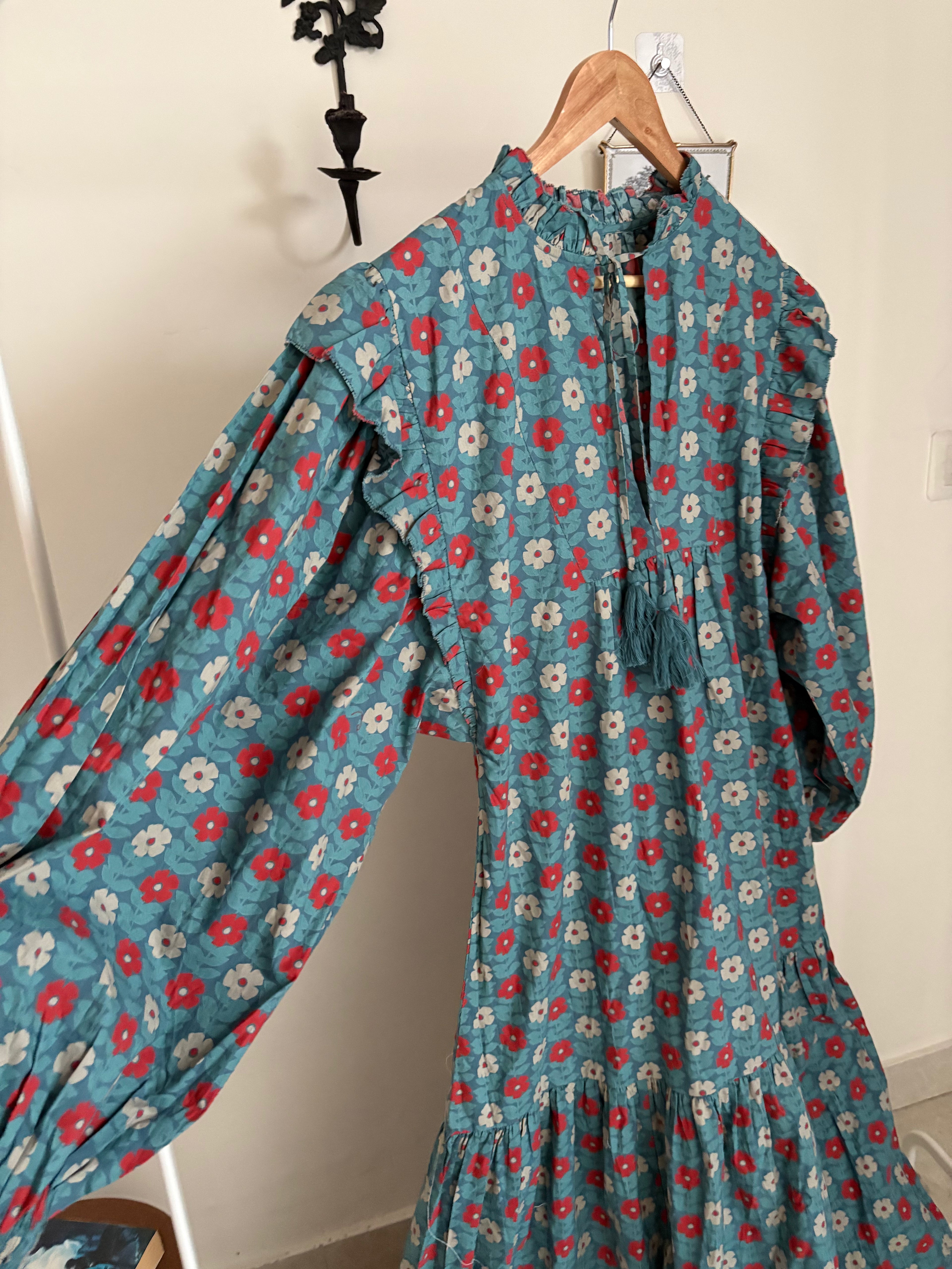 BLUE FLORAL PRINT PUFF SLEEVE DRESS M
